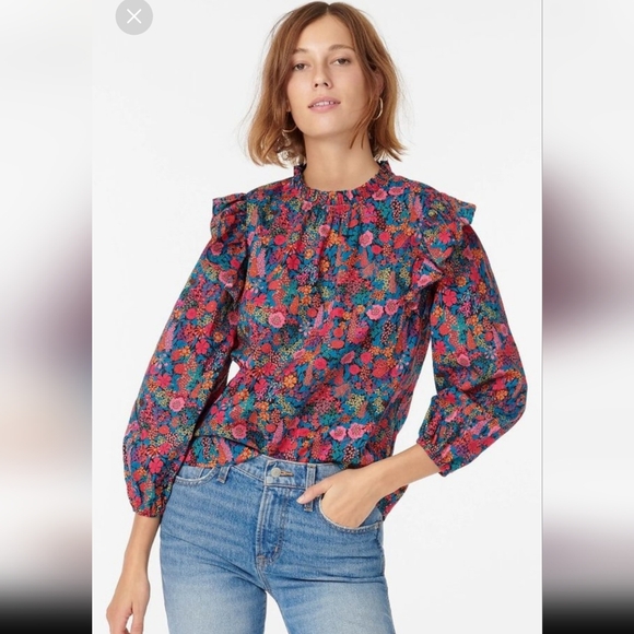 J. Crew Liberty Ciara Ruffleneck Flutter Sleeve Floral Top Pleated Pink Small - Picture 4 of 13